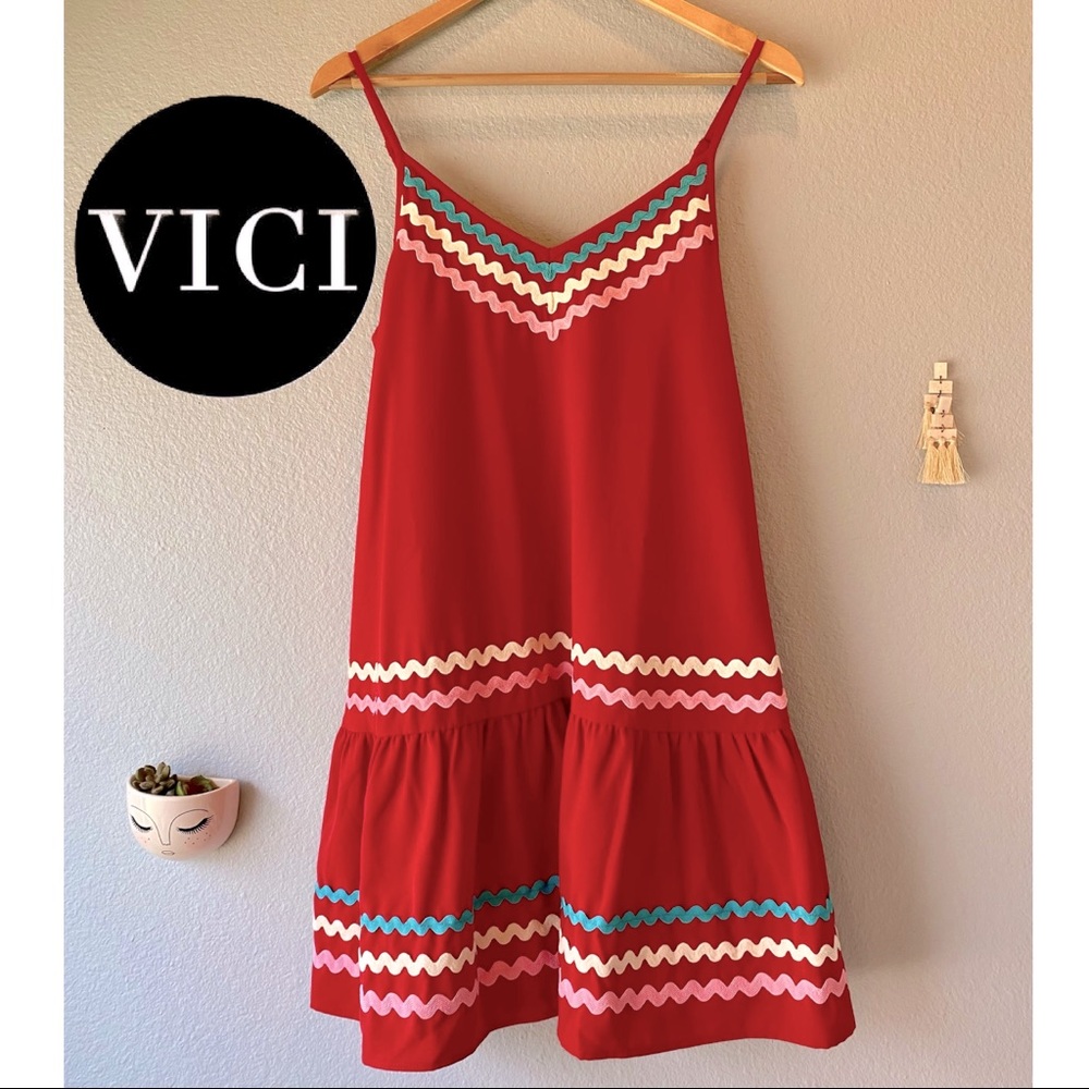 VICI RED, DROP WAIST DRESS W/ RIC-RAC ACCENTS💃